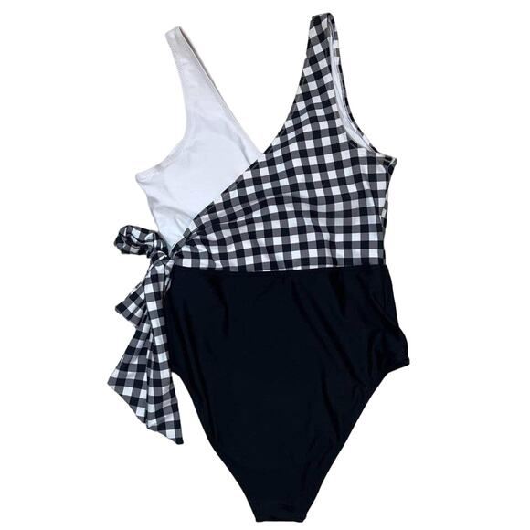 NWT Flattering Black White Checkered Plaid V-Neck One Piece Swim Suit Size L - Picture 5 of 10